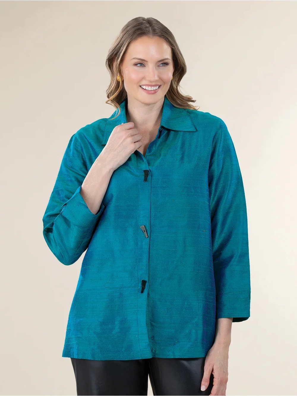 Women's Teal Button-Down Shirt with Point Collar